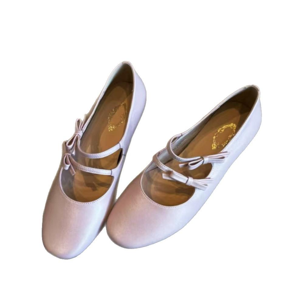 French Round Head Bow Mary Jane Shoes Women's New Shallow Mouth Flat Sole Shoes Versatile Leather Shallow Mouth Women's Shoes