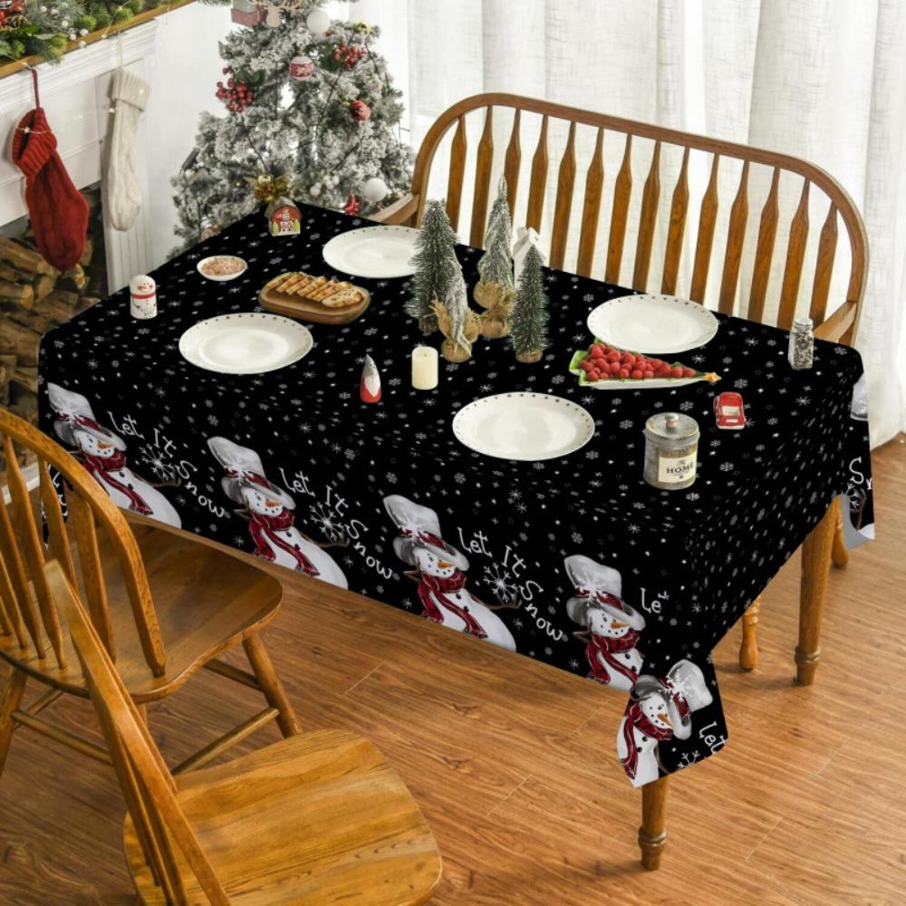 Christmas Polyester Tablecloth Snowman Print Lightweight Stain Resistant Dining Decor Long Table Cover