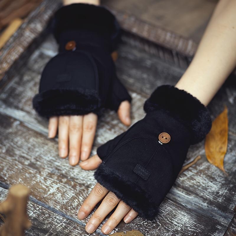 Women's suede gloves, warm thickened half finger, button closure, knitted ski gloves for women, winter sports equipment