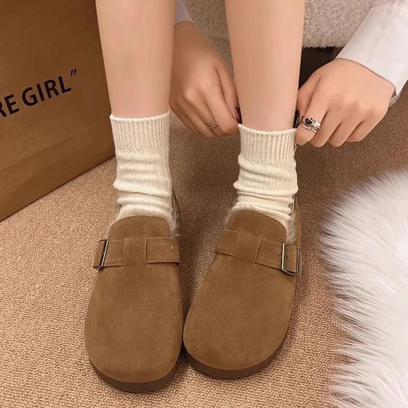Vintage Flat Boots Women's Winter Warm Cotton Shoes Soft Bottom Slip-on Shoes Thickened Brogues Women Shoes