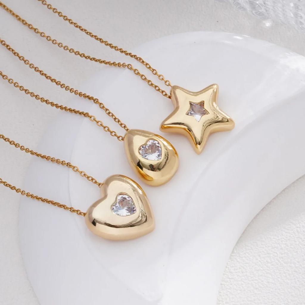 Simple Zircon Heart Star Water Drop Pendant Necklaces for Women Girls Fashion Accessories Stainless Steel Chain Jewelry Gifts