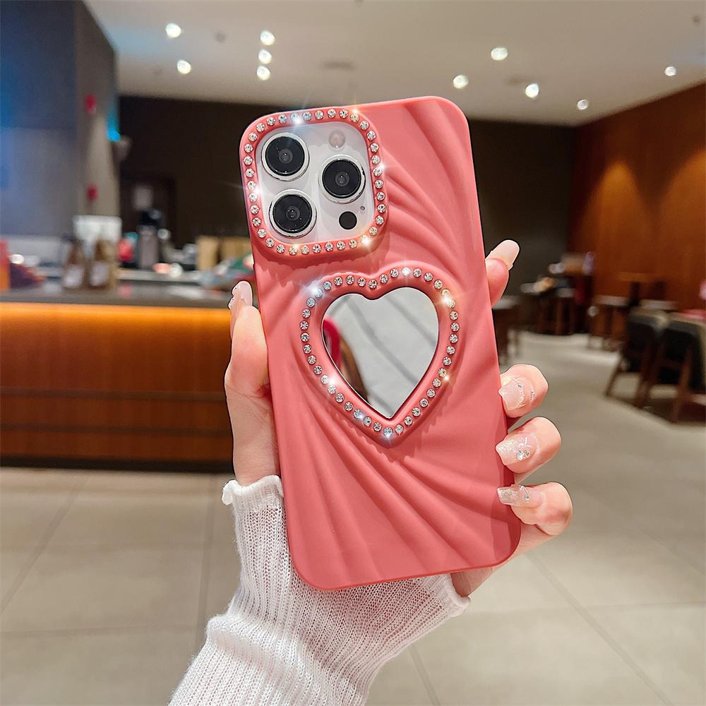 Fashion Women Girls Phone Case For iPhone 16E 16 Pro Max 7 8 X XR XS 11 12 13 14 15 Plus Heart Makeup Mirror Glitter Frame Cover