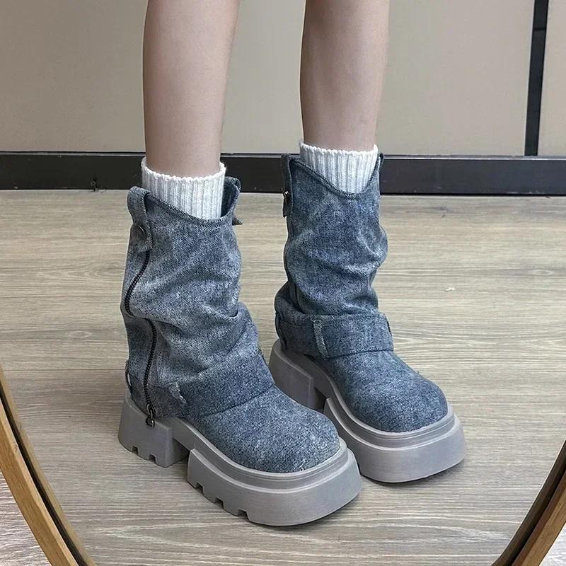 Fashion Women Thick Heel Western Cowboy Boots Female New Fashion High Heels Ankle Boots Woman Autumn Winter Platform Motorcycle Botas