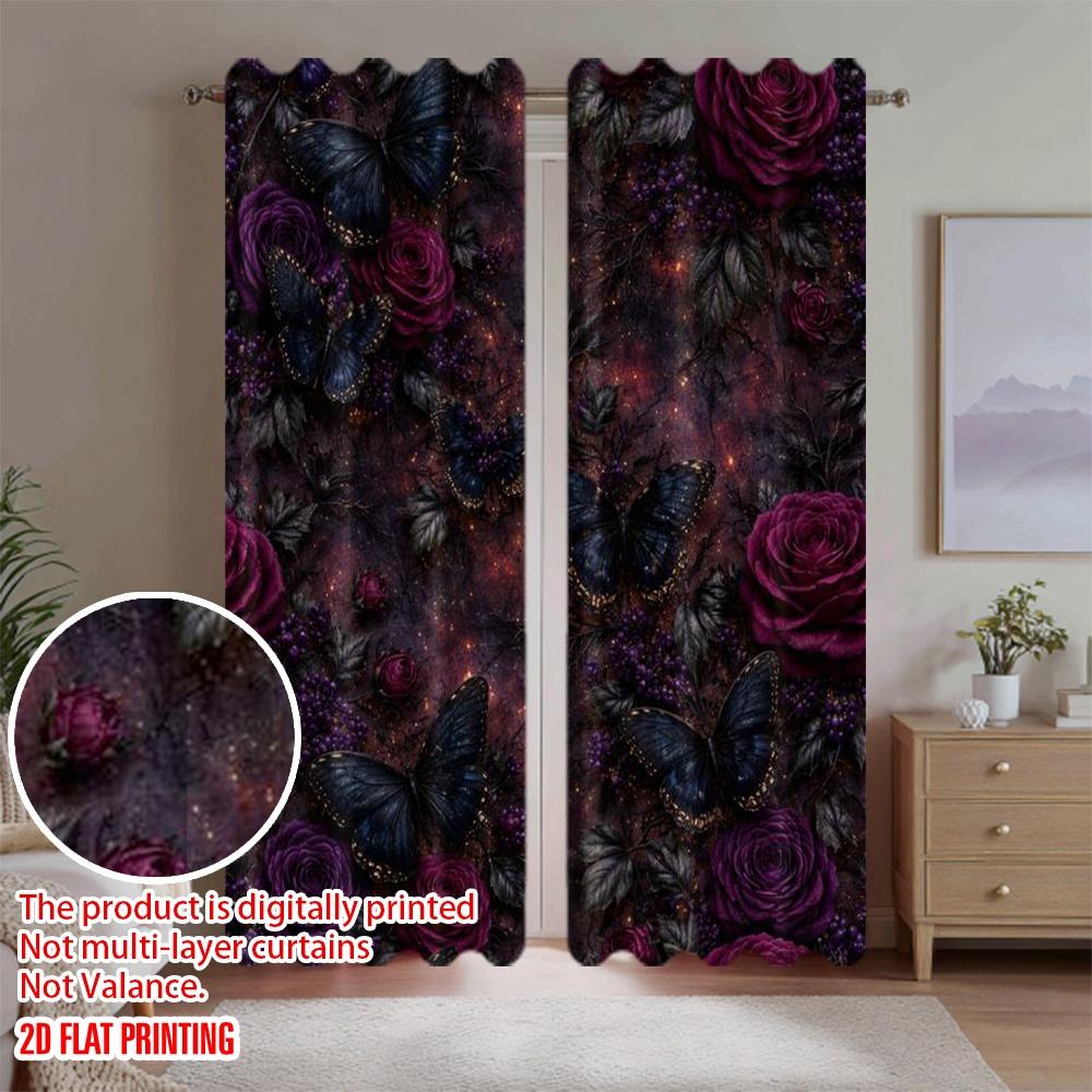 2D Flat Printing 2pcs Curtain Window Treatment Curtains Halloween Dark Butterflies Roses Digital Printed Polyester Drapes All
