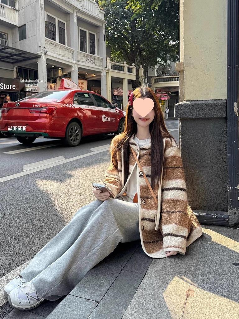 Women’s Korean Retro Striped Hooded Faux Lambswool Coat - Winter Loose Fit Cardigan with Long Sleeves