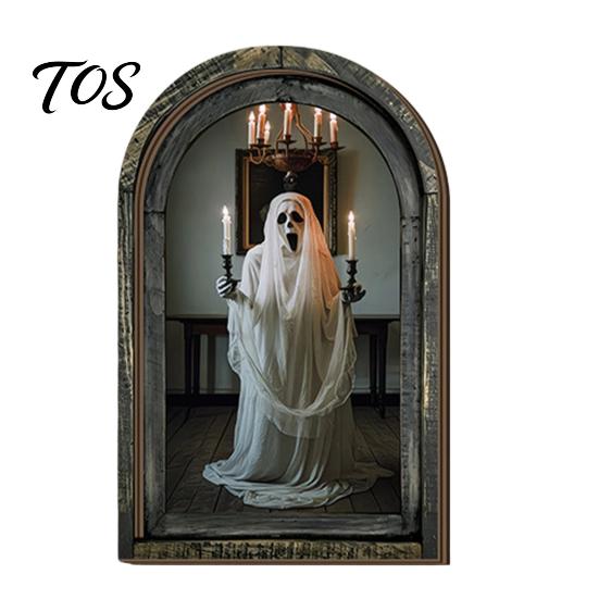 Halloween Desktop Ornament Arched Wooden Wall Decor, Ghost Cat Hanging Ornament, Distressed Gothic Decorations for Home Tabletop Decor Plaque, Spooky