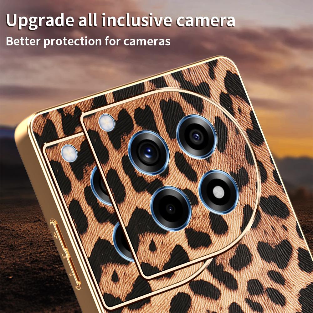 For OnePlus 12R 5G Case Leopard Print PU Leather Coated PC + TPU Electroplating Phone Cover