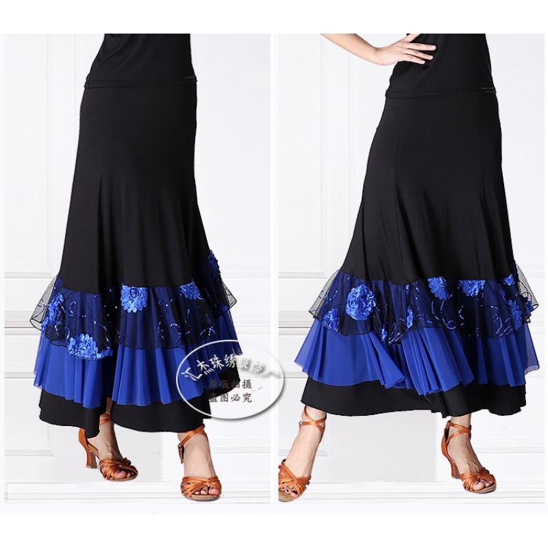 Moderní taneční sukně Soutěžní taneční sukně Společenský taneční oblek Polodlouhá swingová sukně Flitry Výšivka Vystoupení Taneční oblek