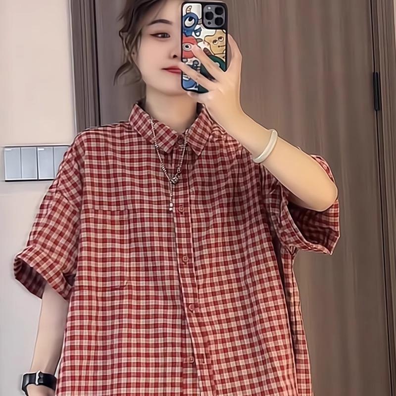 Premium 2025 Women's Summer Plaid Short Sleeve Shirt - Elegant and Relaxed Fit