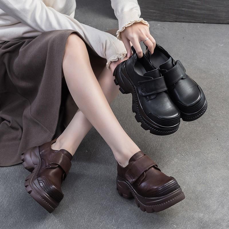 Johnature Chaussures Rétro à Bout Rond et Semelles Épaisses en Cuir Véritable Décontractées à Crochets et Boucles Chaussures à Plateforme pour Femmes