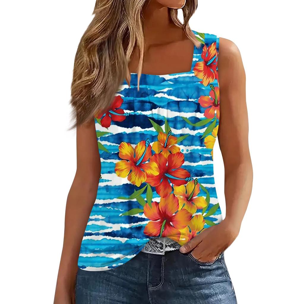 Damenmode Lässig Plissee Quadrat Kragen Ärmellose Weste Print Sommer T-Shirt