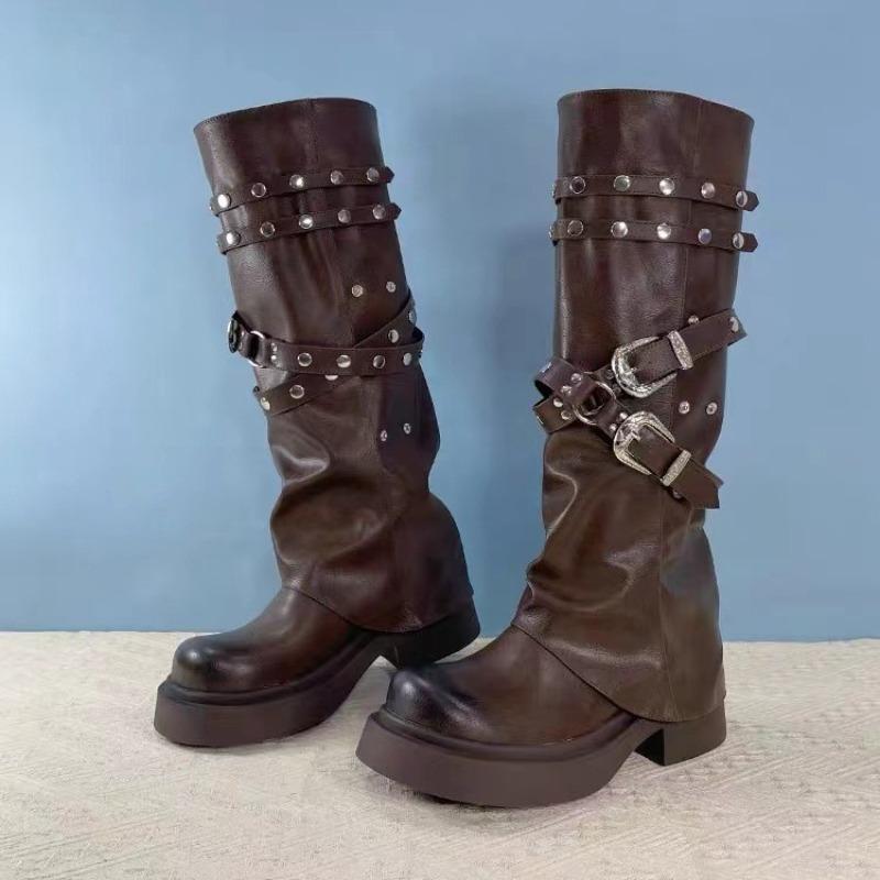 

Осенние новые ботильоны Maillard женские ретро круглый носок нишевый дизайн длинные сапоги заклепки рыцарские сапоги 39 коричневый