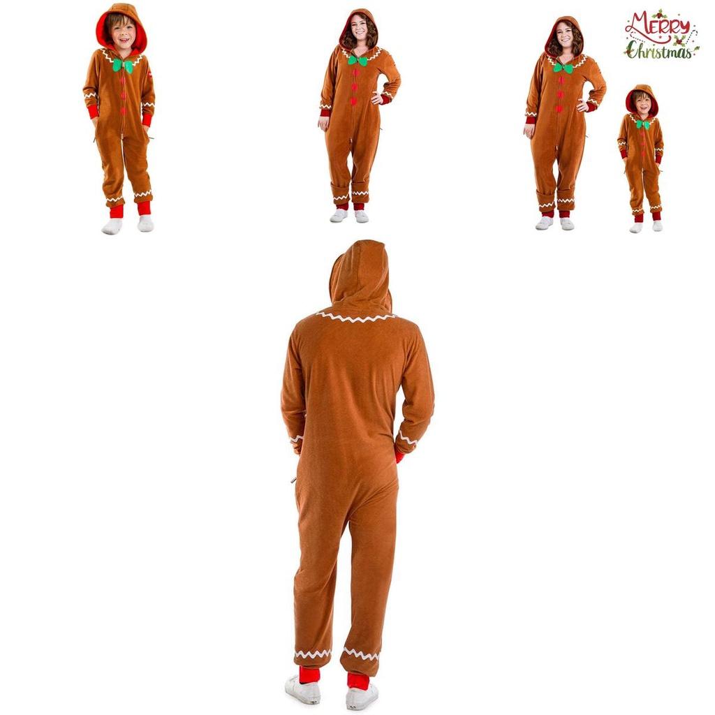 Xmas Party Hooded Jumpsuits For Kids Adult Gingerbread Man Cosplay Costume