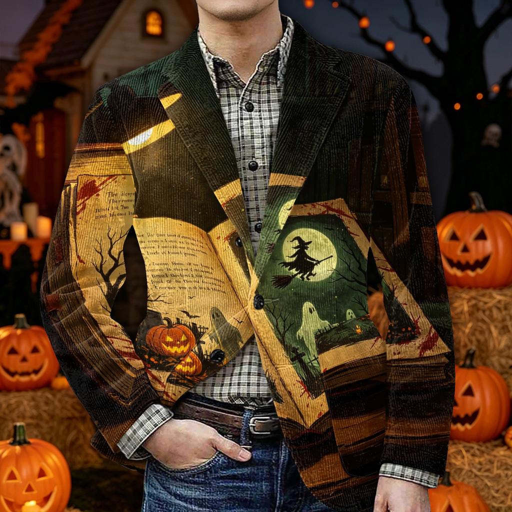 Men's Halloween Print Corduroy Warm Blazer Jacket with Pockets Casual Suit Coat Cardigan for Fall and Winter Wear