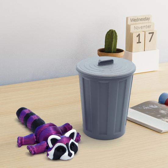 3D Printed Raccoon Figurine Movable Joints Raccoon Fidget Toy Trash Can with Articulated Raccoon Inside Desktop Decoration Ornament