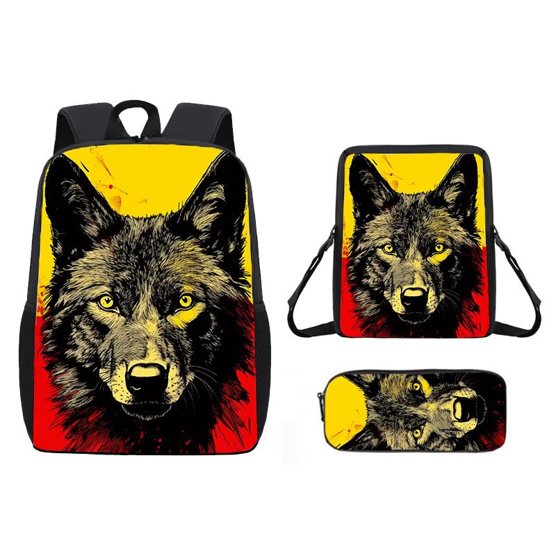 Zaino Stampato con Animale Lupo da 17 Pollici Zaino per Studenti Maschi e Femmine Zaino Scolastico per Bambini Set da Tre Pezzi