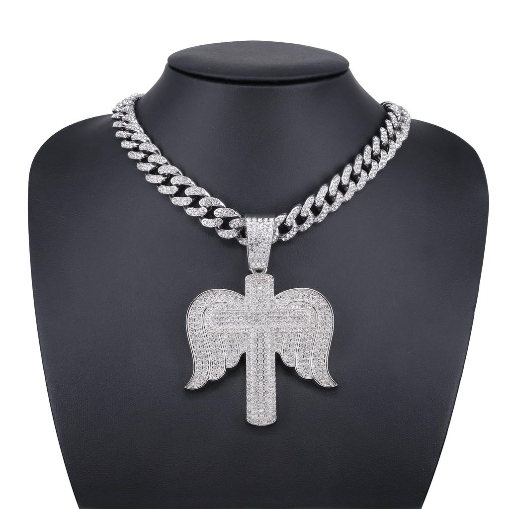 Alloy Necklace Men Trend Cross Angel Wings Pendant, Stylish Full Rhinestone Cool Hip Hop Jewelry
