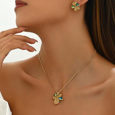 European & American Gemstone-Inlaid Copper Earrings & Necklace Set: Sophisticated, Fashion-Forward Women's Jewelry