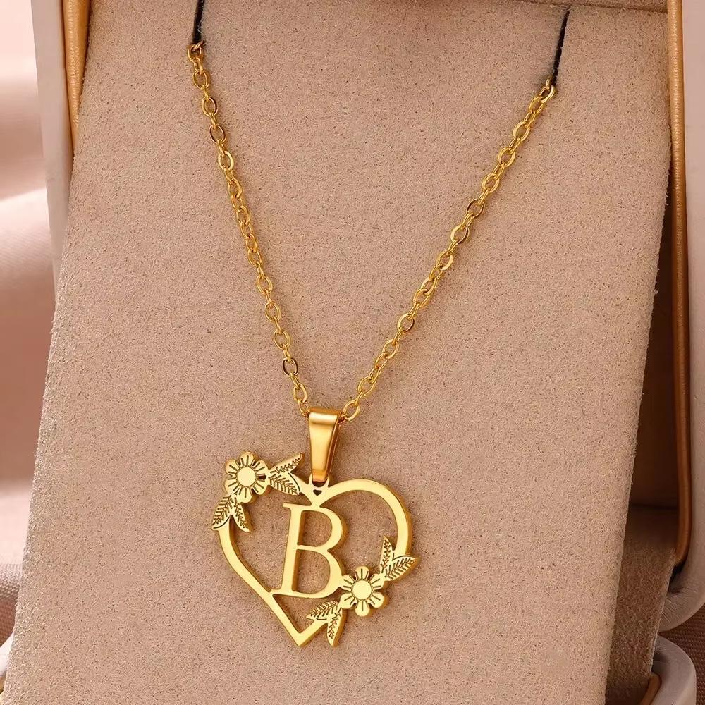 New English Alphabet Heart Pendant Gold Flower Premium Titanium Steel Gold Plated Necklace Clavicle Chain Fresh Woman