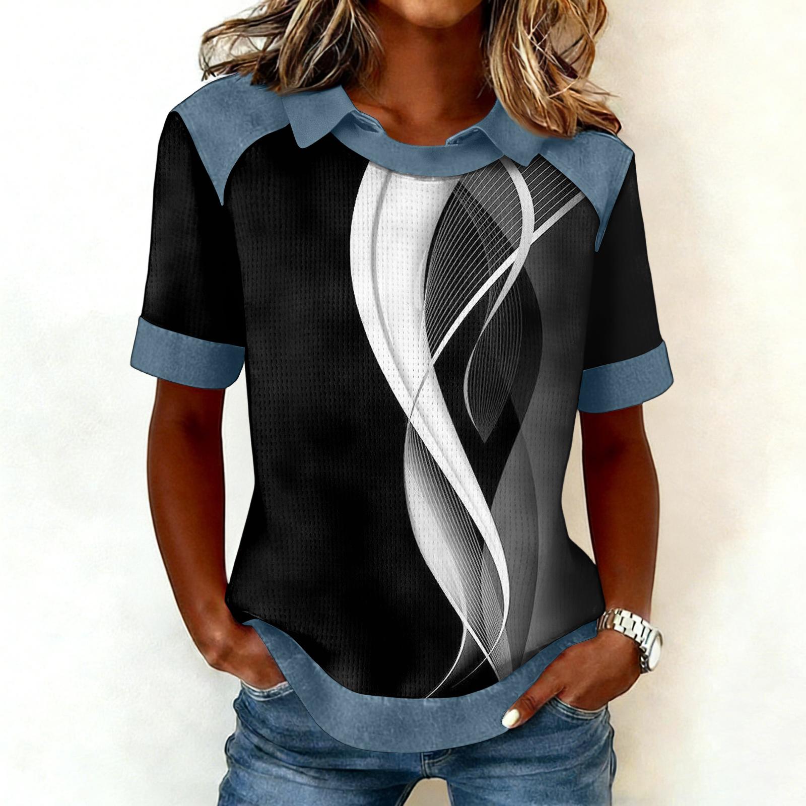 

Женская модная ковбойская толстовка с воротником и вставками, повседневная толстовка с принтом, рубашка с коротким рукавом, топ L