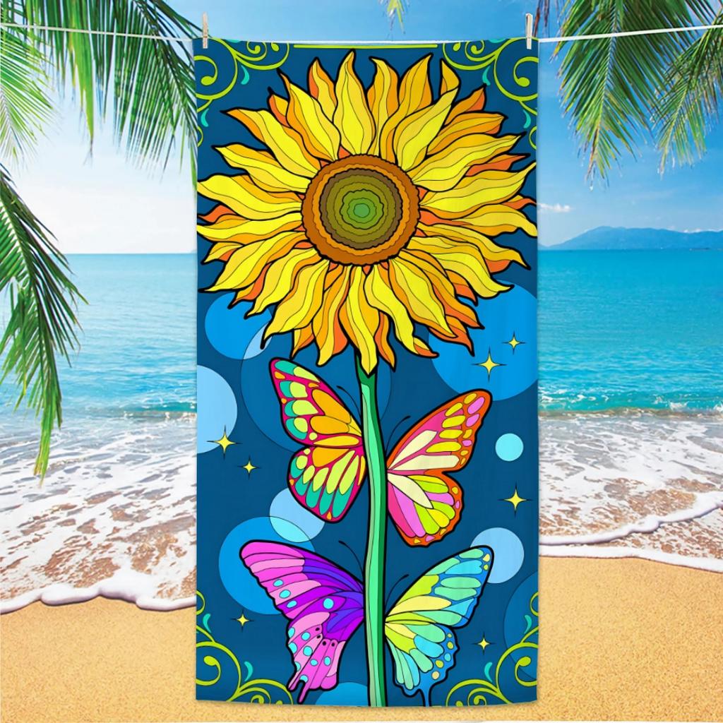 Sunflower Beach Towel, Digital Printing Thin Quick-Dry Anti-Sand Microfiber Lightweight for Swim, Yoga, Travel, Gym, Gift