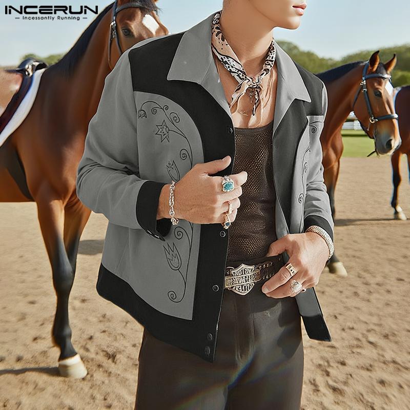 INCERUN Men Long Sleeve Embroidery Stitching Buttons Suede Casual Thin Coat Jackets