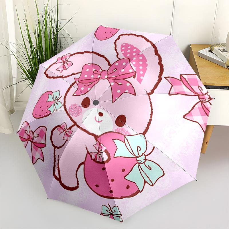 

1pc Kawaii Bunny with Strawberry Bowknots - Automatic Opening Umbrella, Foldable Design, Iron Frame, Outdoor Use, Festival Gift, Suitable for Fans, Tr