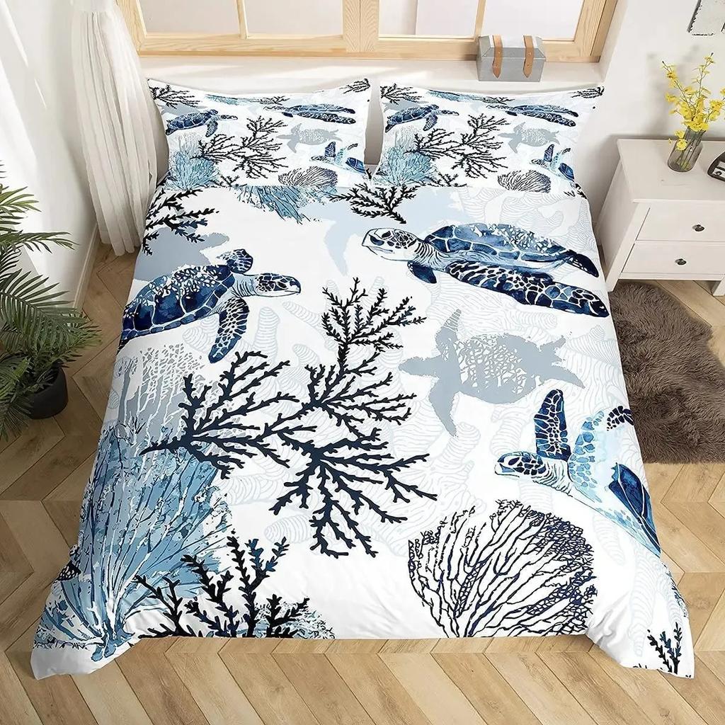 Sea Turtle Duvet Cover Set Full Size,octopus Seahorse Whale Bedding Set Teal Ocean Themed Mediterranean Style Beach Quilt Cover