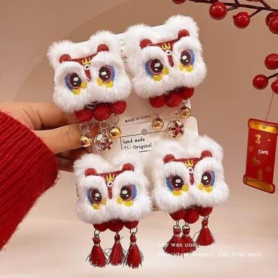 Red Lion Dance Tassel Hair Clip - Chinese New Year Hanfu Accessory for Women
