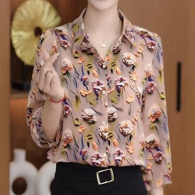 Blusa de manga larga con estampado floral para mujer, camisa de moda con cuello vuelto y botonadura sencilla
