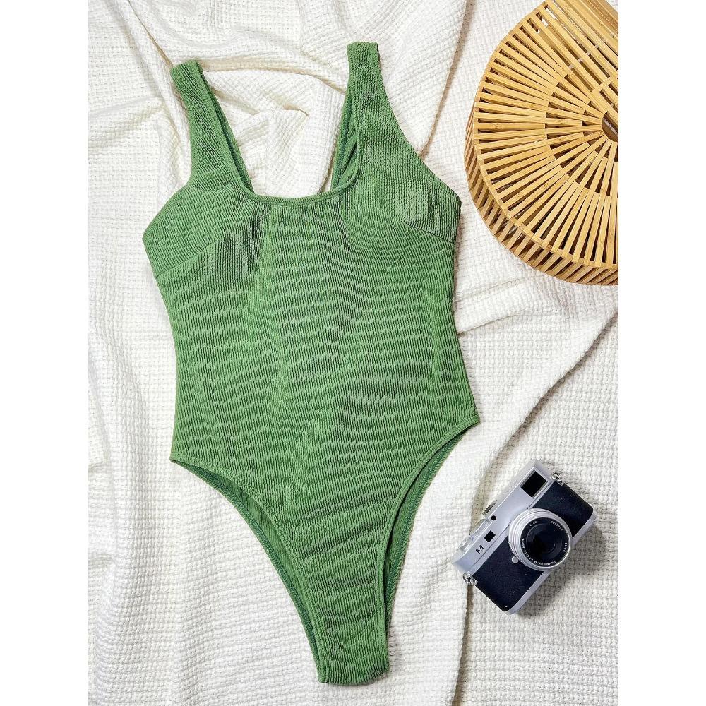 2026 Nuovo Costume da Bagno Intero a Coste Monocolore Push Up Costumi da Bagno Femminili Scollo a U Verde Costume da Bagno Monokini