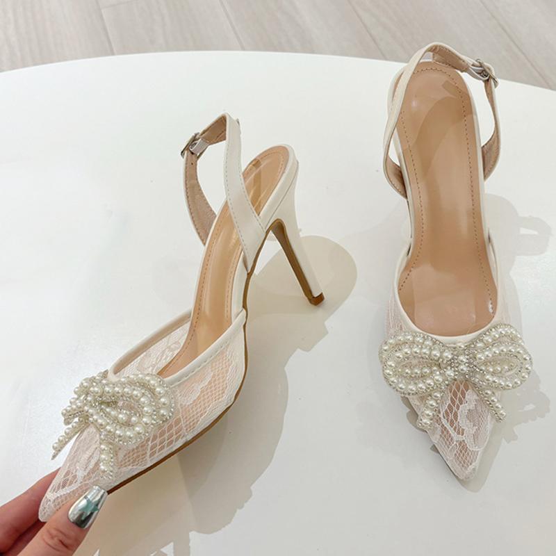 Liyke Fashion White Pearl Bowknot Women Pumps Sexy Mesh Pointed Toe Rhinestone Heels Party Prom Shoes Female Slingback Sandals
