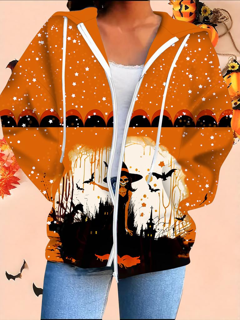 Halloween 3D Printed Hooded Cardigan Plus Size Autumn Winter Retro