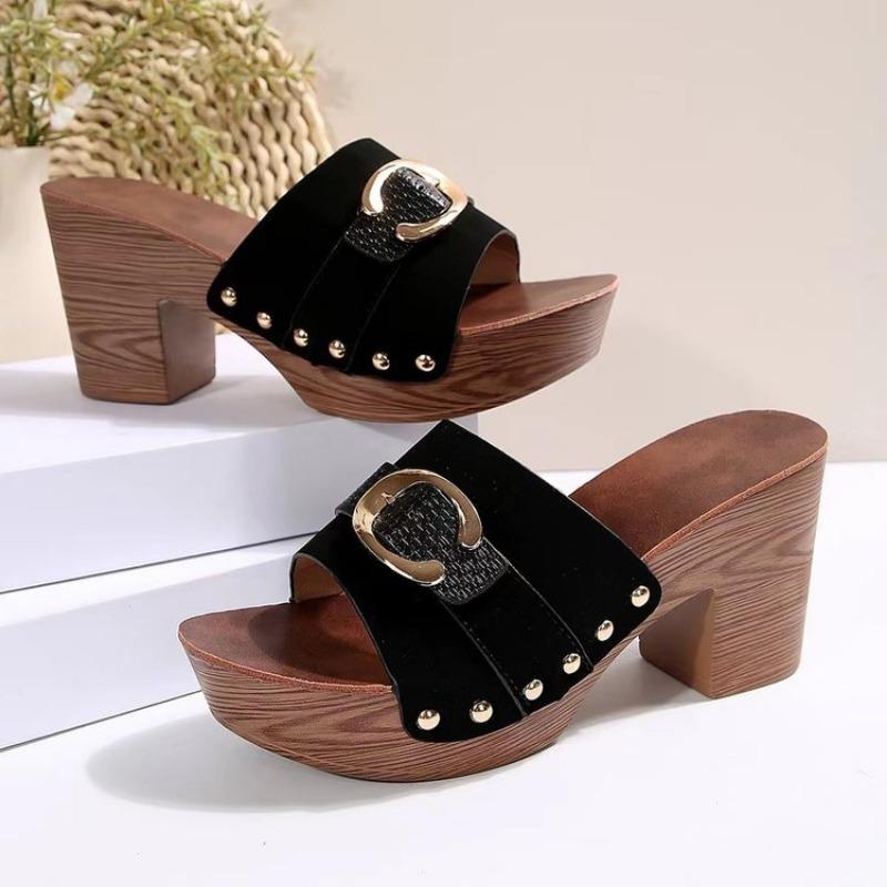 Large size thick high-heeled slippers women's summer monsoon rivets Zhuotian explosive sandals women