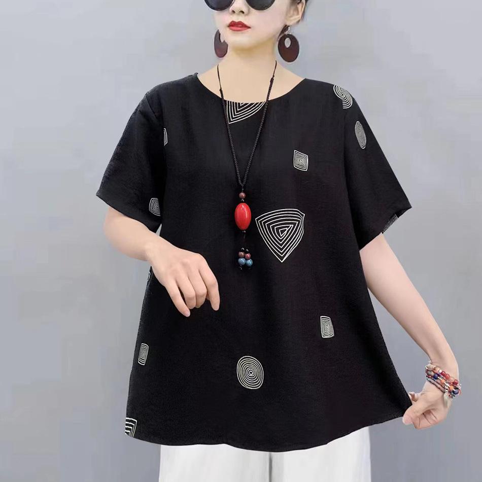 Chinese Women's Chinese Style T-shirt Long-sleeved Loose Cotton Short-sleeved Summer Blouse Ethnic Style