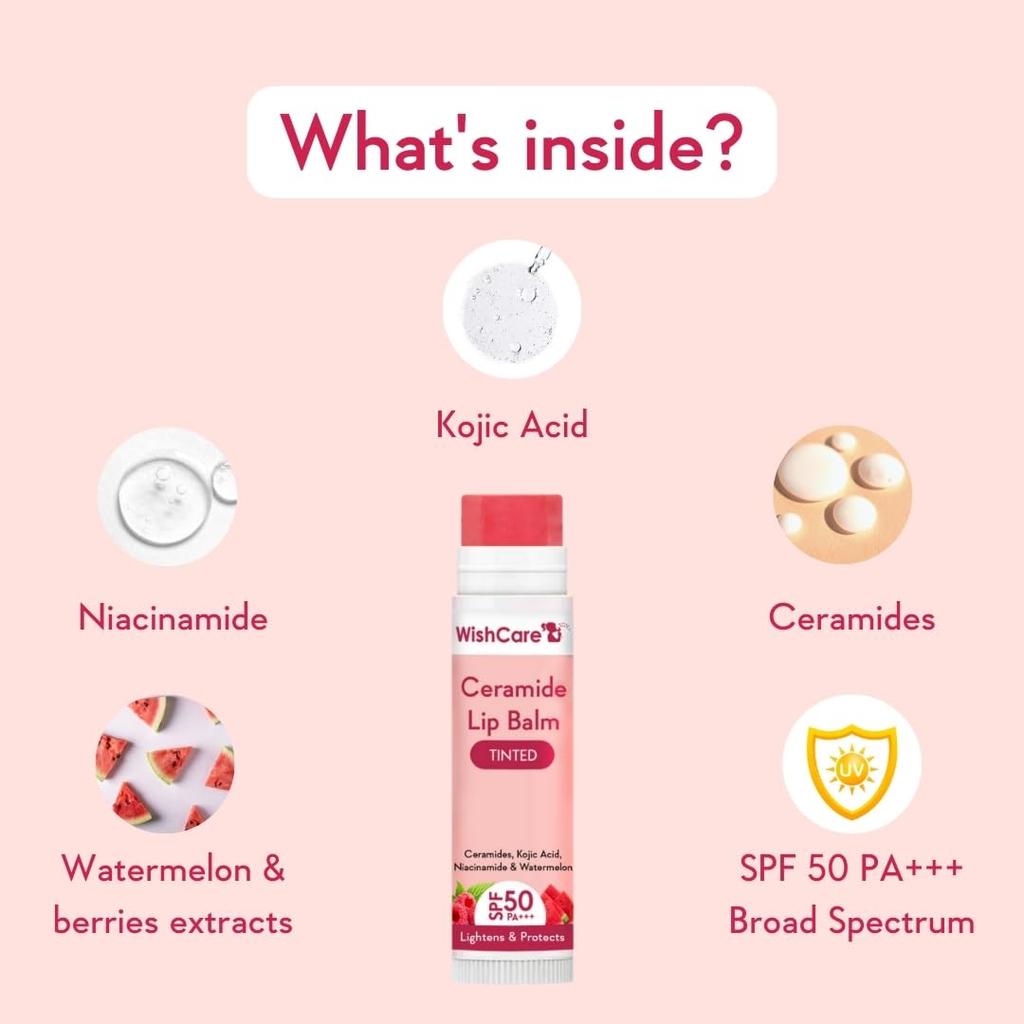 WishCare Tinted Ceramide Lip Balm SPF50 PA+++ with Kojic Acid Niacinamide 5gm Pack of 1 for Lip Lightening