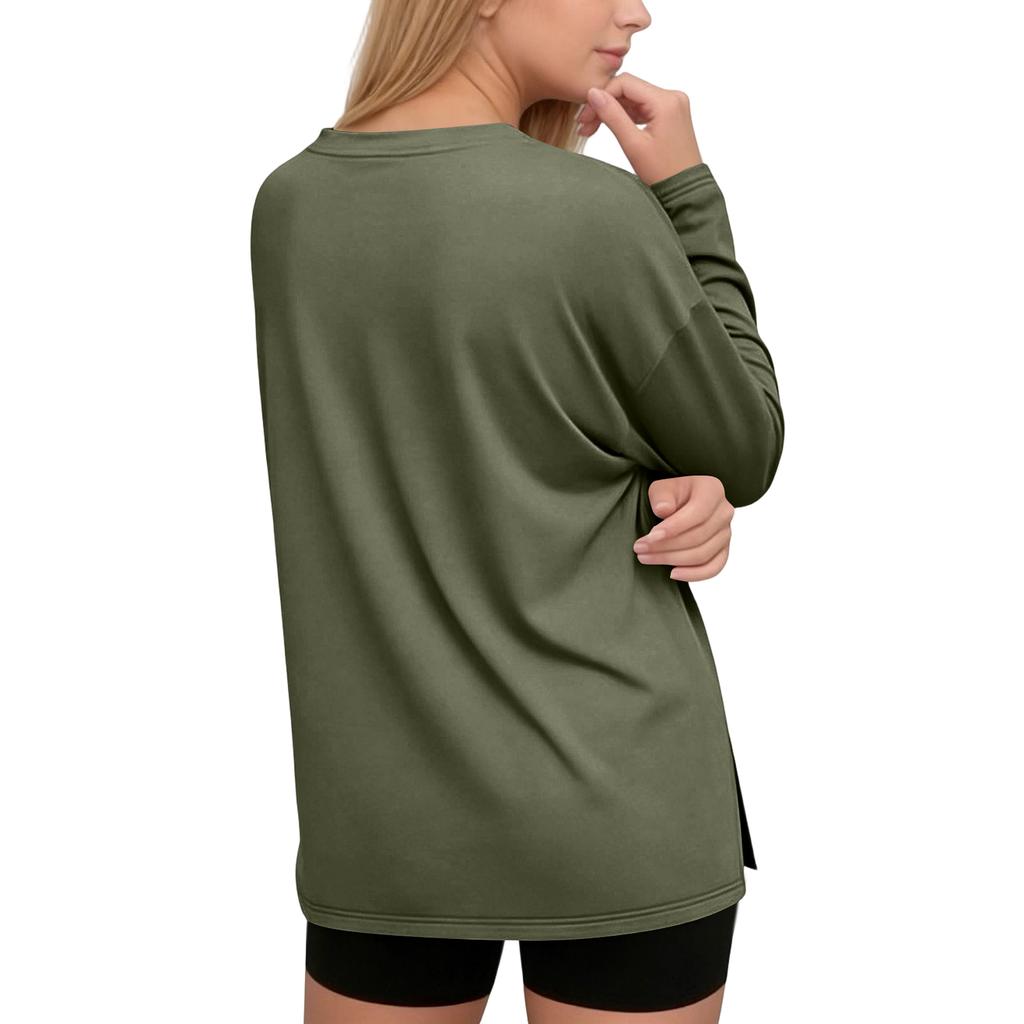 Women's Casual Long Sleeve Loose Fit T-Shirt with Crew Neck and Side Slit Hem Lightweight Pullover Top for Everyday Wear