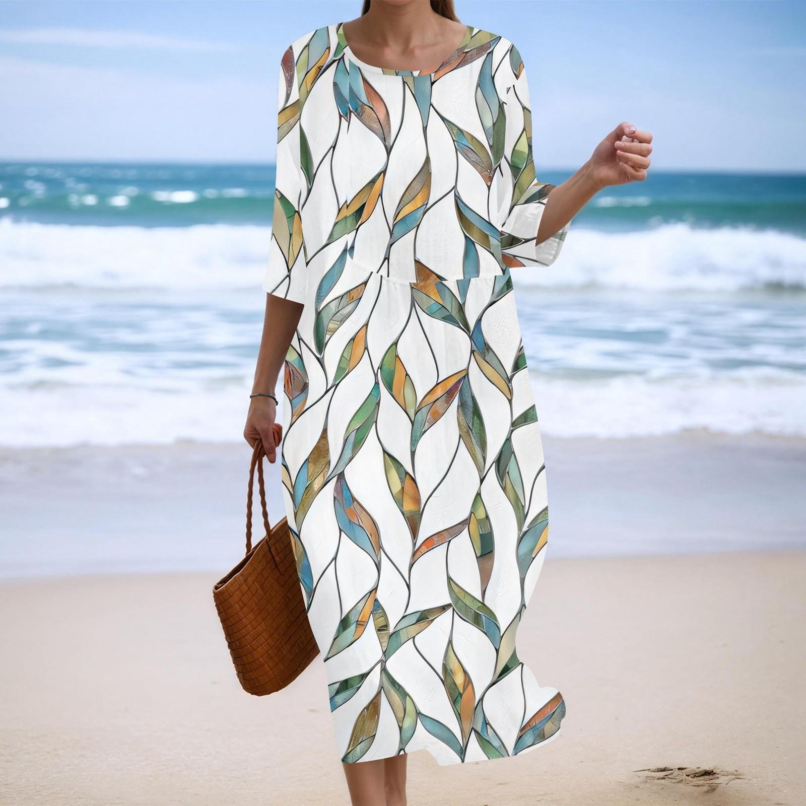 

Women s Fashionable Printed Round Neck Seven Quarter Sleeve Loose Dress XL