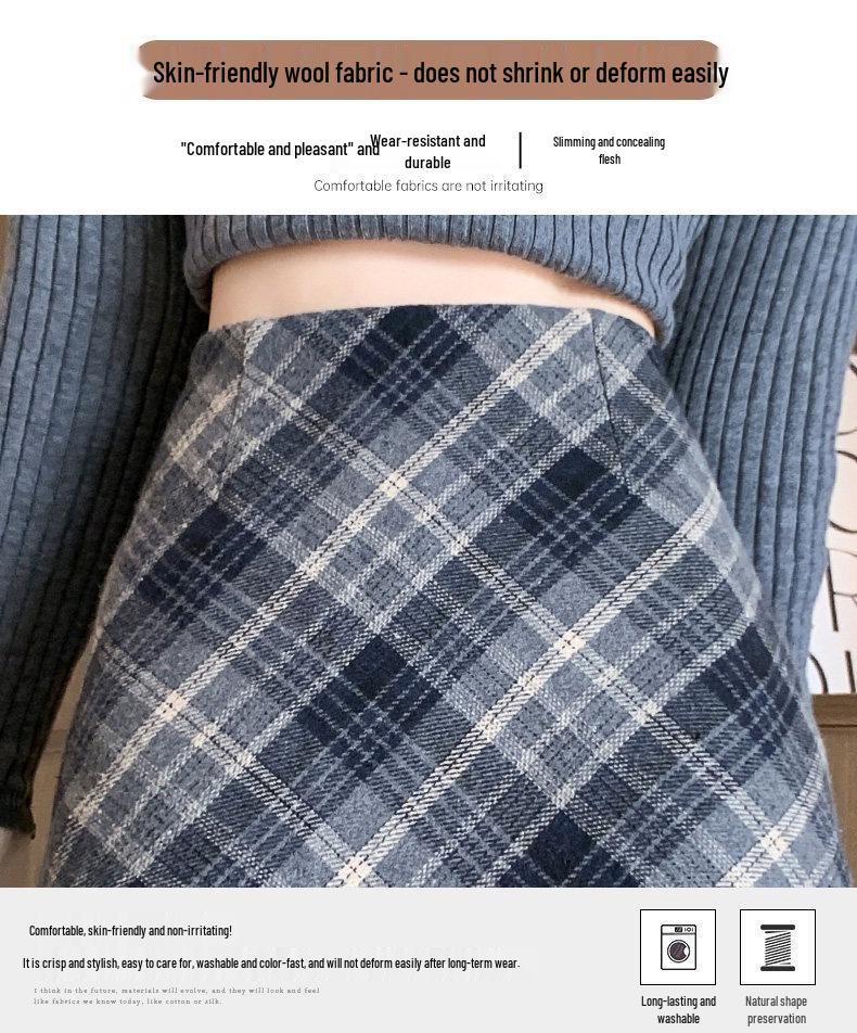 Women's Retro Wool Plaid A-line Skirt - High Waist, Slimming, Anti-exposure, Hip-hugging, Short Korean Style for Autumn/Winter
