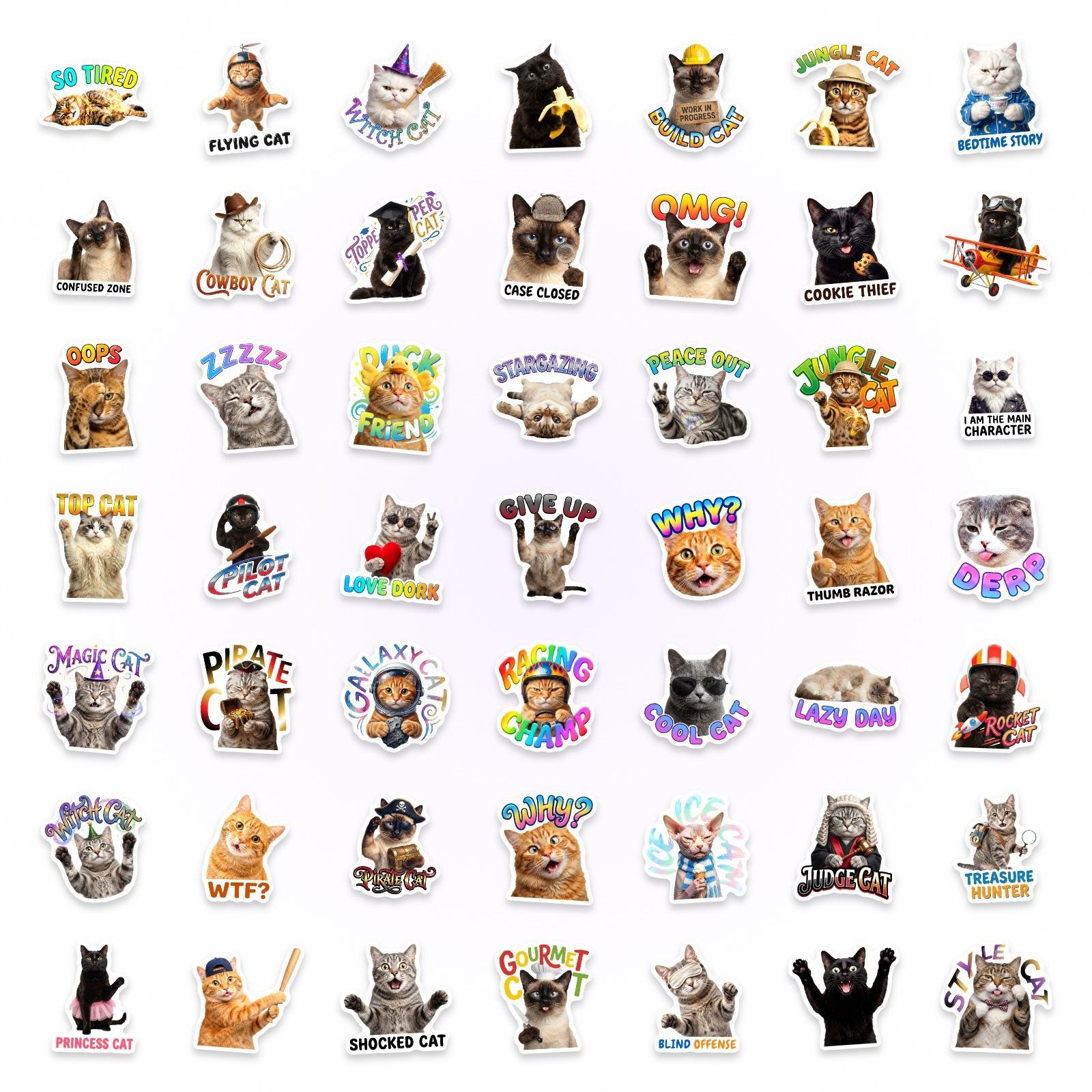 50 Non-Repeating Fun Cat Emoji Stickers, Funny Internet Celebrity Cat Suitcase Mobile Phone Case Decorative Stickers