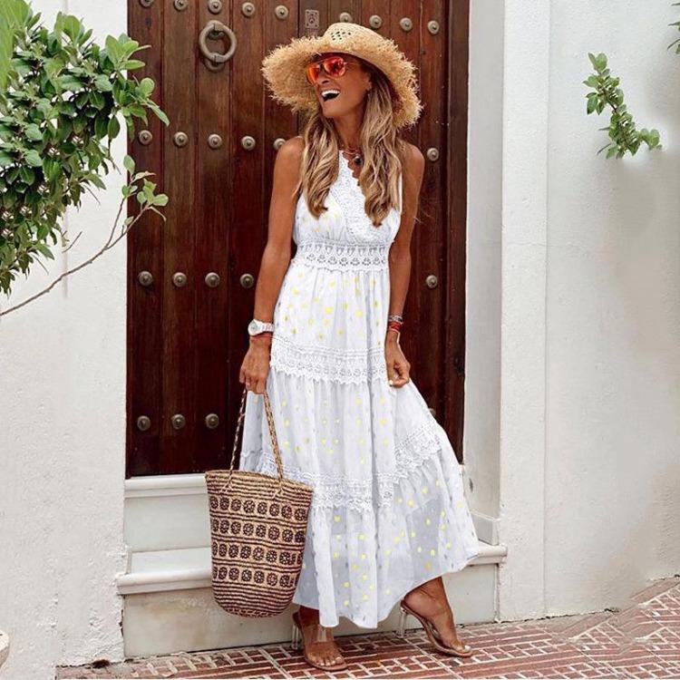Summer Women Chiffon Midi Dress Deep V Neck Sleeveless Casual Elegant