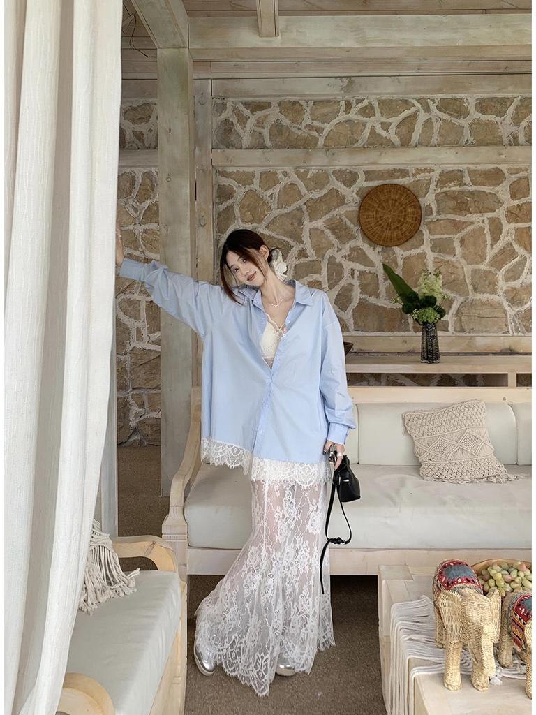 Women's Blue Spliced Lace Shirt Jacket - 2025 Korean Design, Loose Fit, Sun Protection for Summer