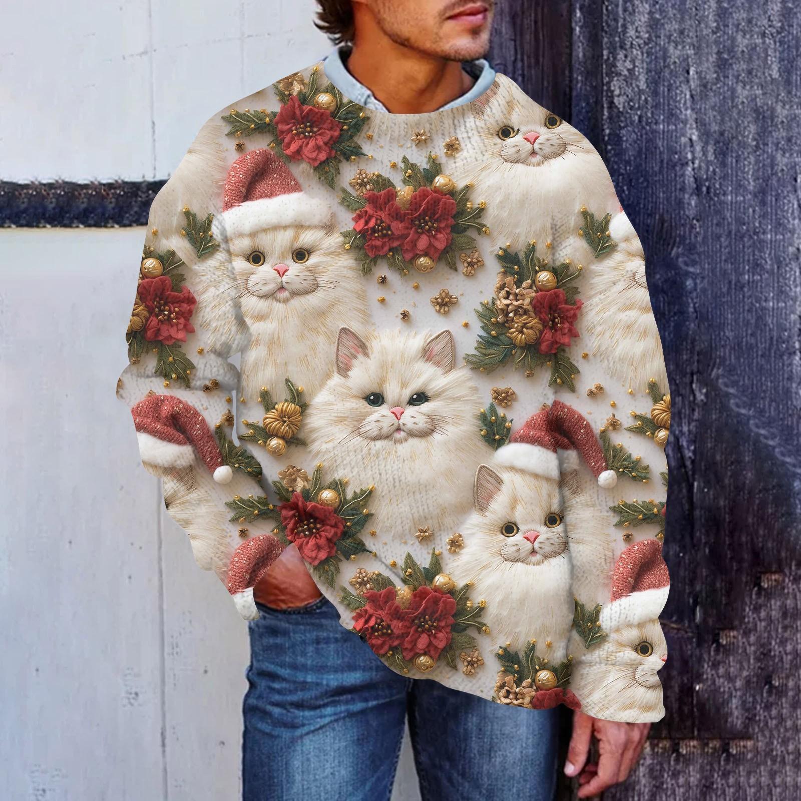 

Мужской рождественский принт, искусственный свитер, толстовка с круглым вырезом, свободный топ с длинными рукавами XXXL хаки