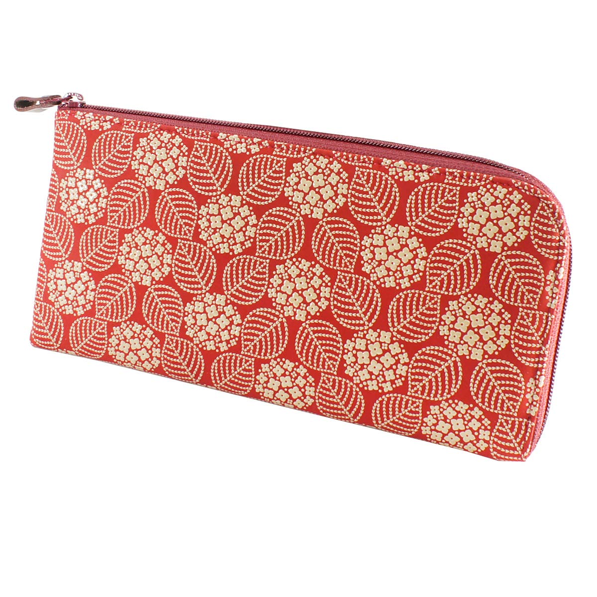 

[Inden-ya] Inden Long Wallet, Purse Case A, L-shaped Zipper, Deerskin Leather, Red with White Lacquer, Hydrangea Pattern, 2315-13-174