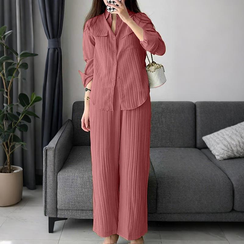 

ZANZEA Женская блузка с длинным рукавом и брюки повседневный комплект из двух частей 5XL розовый