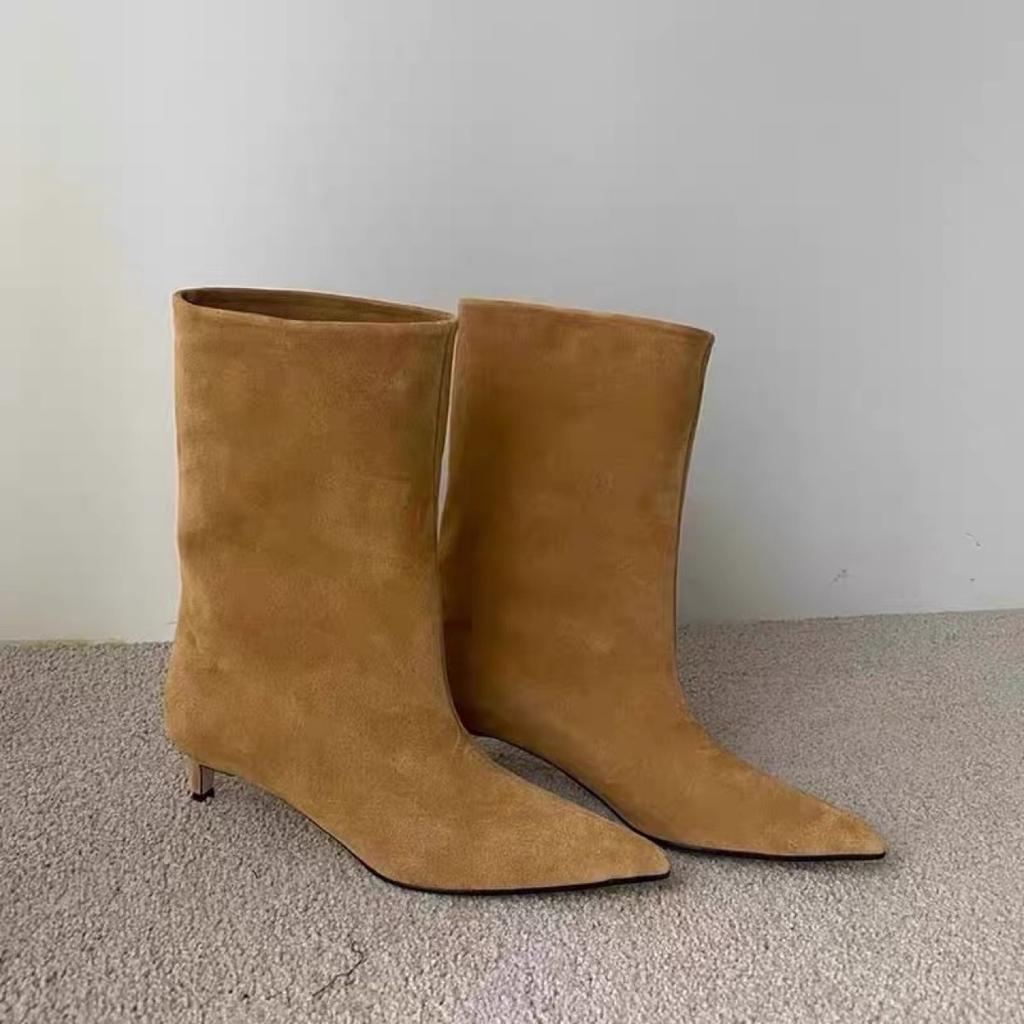 2025 Autumn and Winter New Leather Pattern Pointed Middle Boots Women's Retro Wide Boots Versatile Western Cowboy Boots Short Boots Women