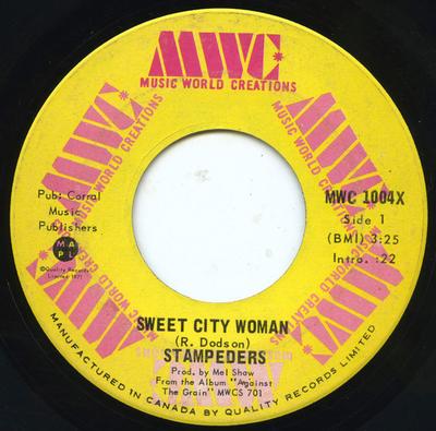 7inch Plaat STAMPEDERS - Sweet City Woman / Gator Road MWC1004X Music World Cre 1971 Canada Rock Gebruikt