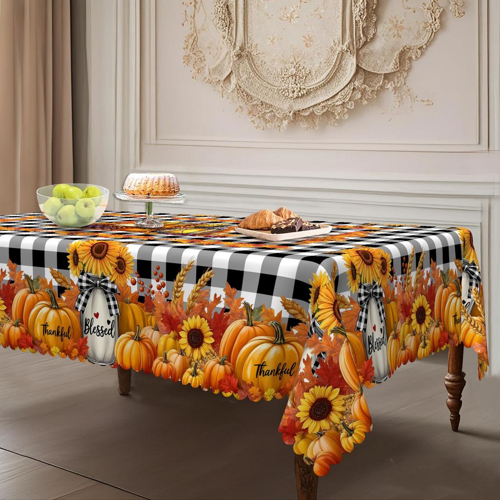 Autumn Harvest Tablecloth, Black And White Plaid And Pumpkin Sunflower Warm Matching Tablecloth