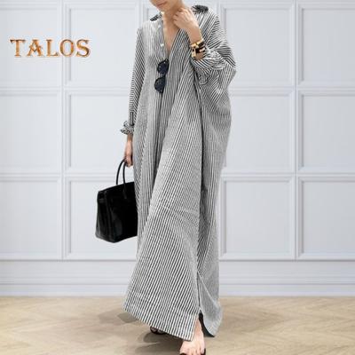 Rochie de primăvară pentru femei Tip cămașă cu imprimeu în dungi rever cu mânecă lungă, largi, cu un singur piept, tiv despicat, mai mare, moale, respirabilă, rochie maxi de damă