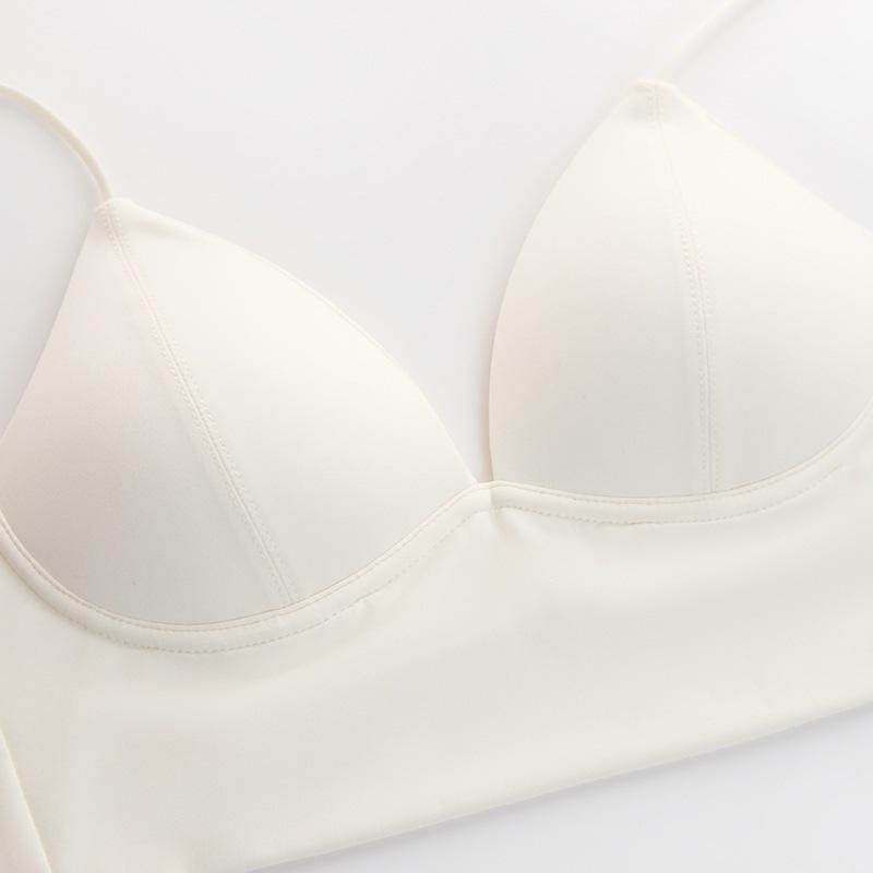 Summer Popular Glossy Solid Color French Triangle Cup Bra Women's Thin Shoulder Straps Deep V Low Neck Light and Seamless Bra Cover